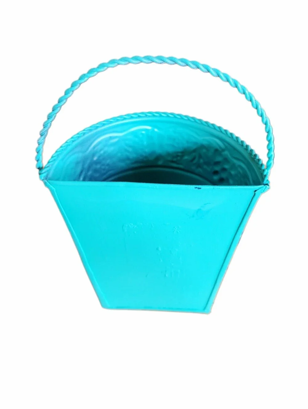Teal Hand Painted Upcycled Hanging Metal Planter Bucket